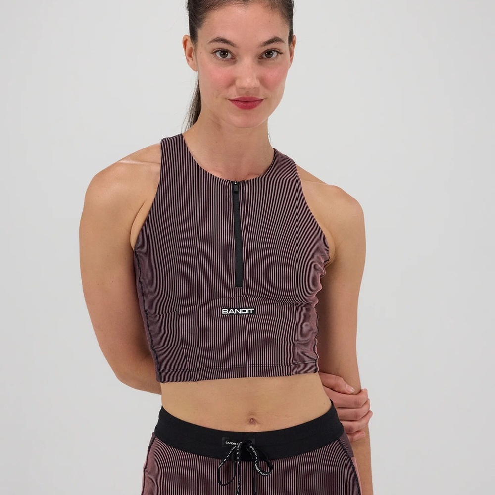 Bandit Women's Brown Ribbed Zip-Front Crop Tank
